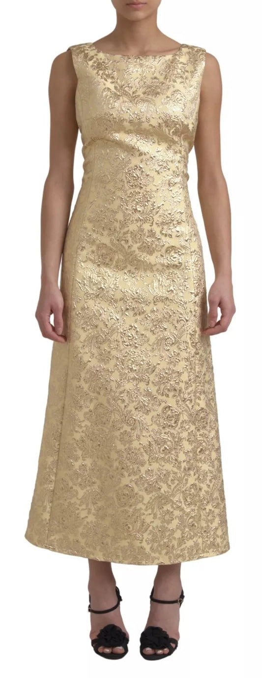 Gold Floral Jacquard Sheath A-line Long Dress