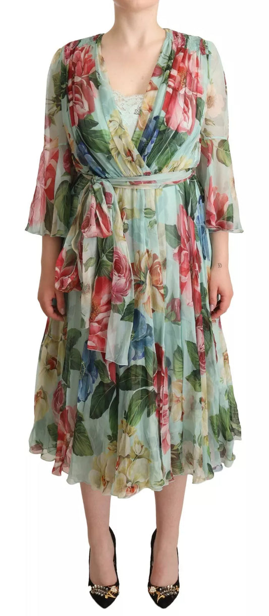 Green Floral Long Sleeve V-neck Midi Dress