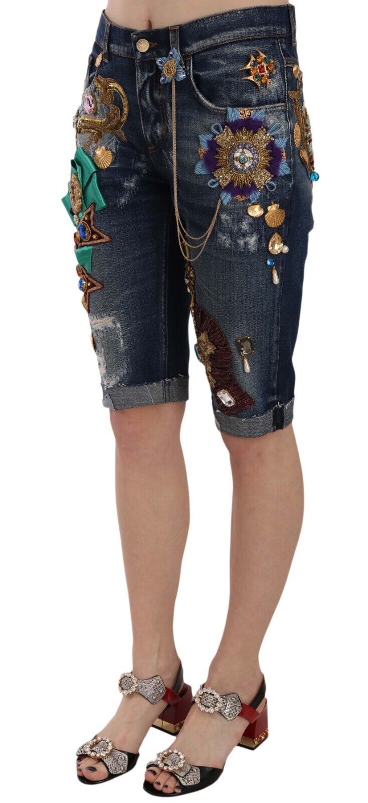 Elegant Knee-Length Embellished Denim Shorts