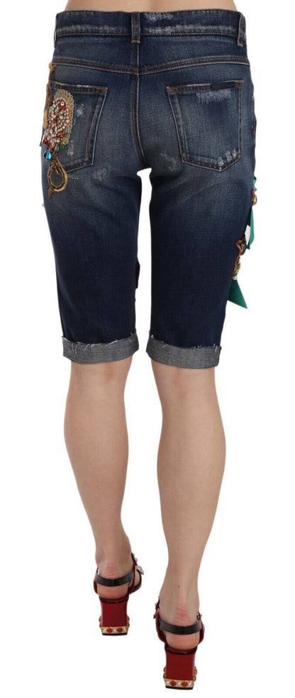 Elegant Knee-Length Embellished Denim Shorts
