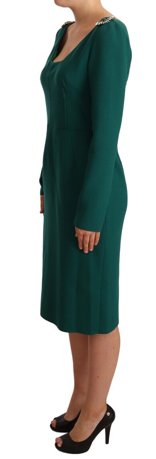 Emerald Green Midi Sheath Dress with Crystal Brooch