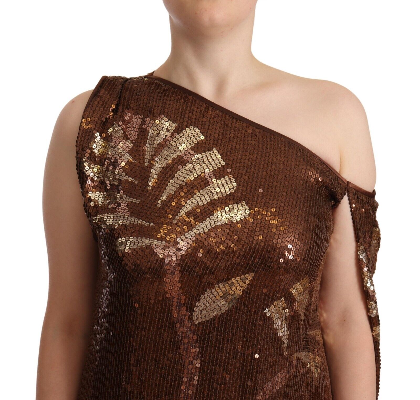 Brown Leaf Sequined Shift One Shoulder Long Dress