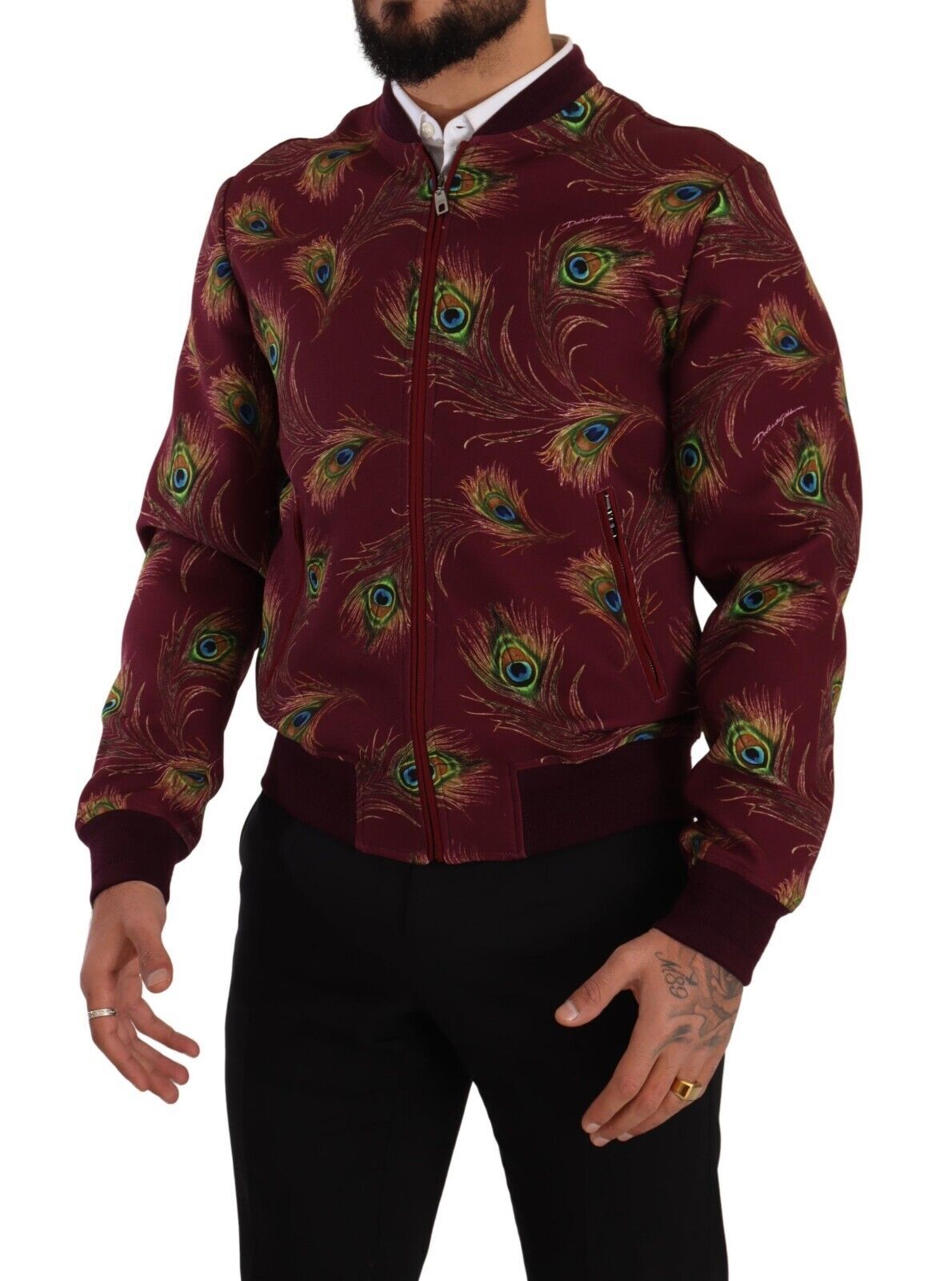 Radiant Red Peacock Print Bomber Jacket