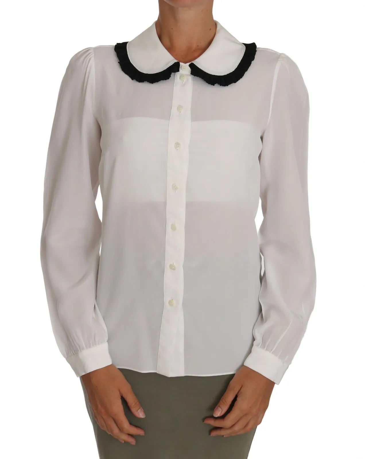 White Silk Shirt Ruffle Rouded Collar Blouse