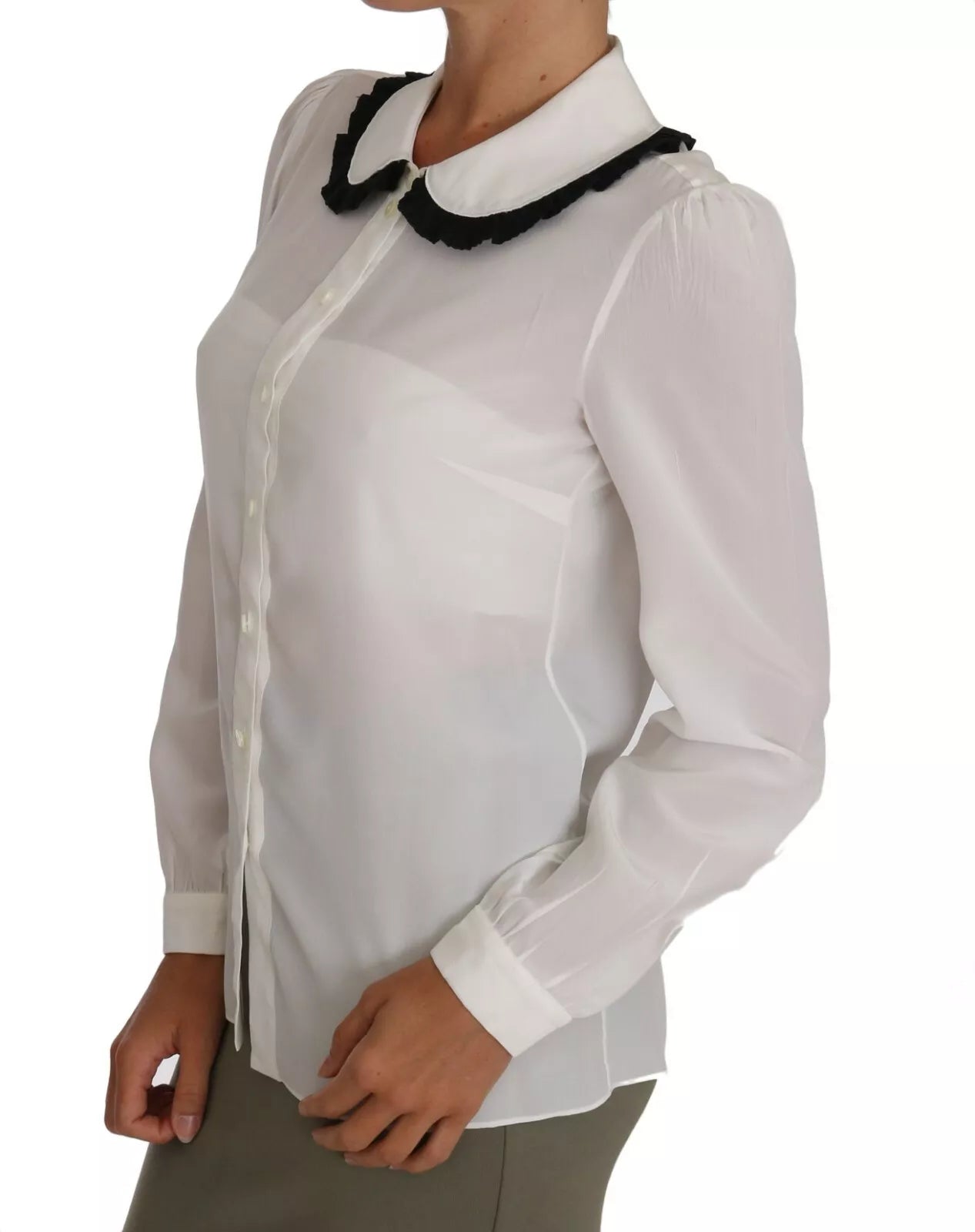 White Silk Shirt Ruffle Rouded Collar Blouse