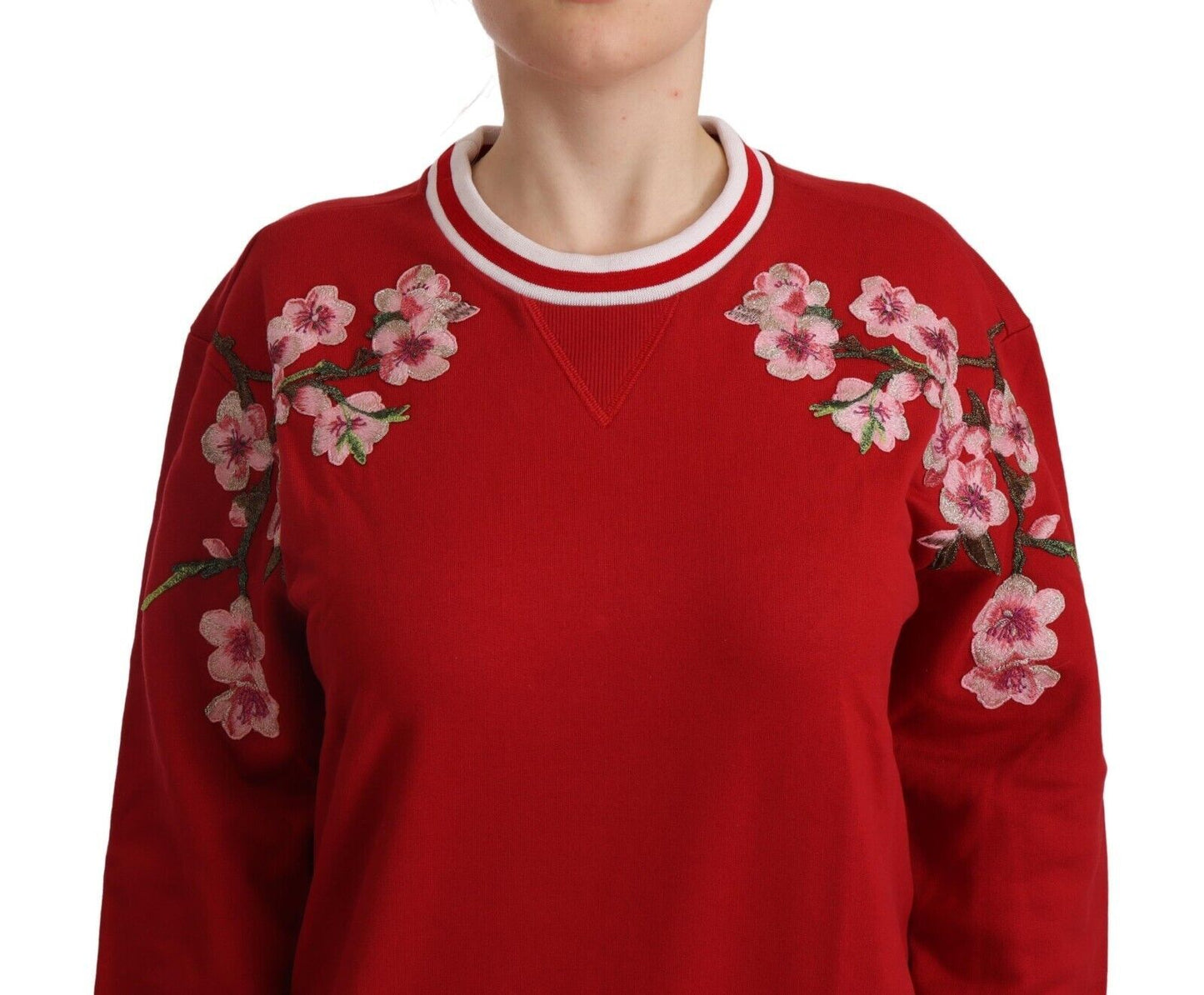 Elegant Red Crewneck Pullover with Floral Motif
