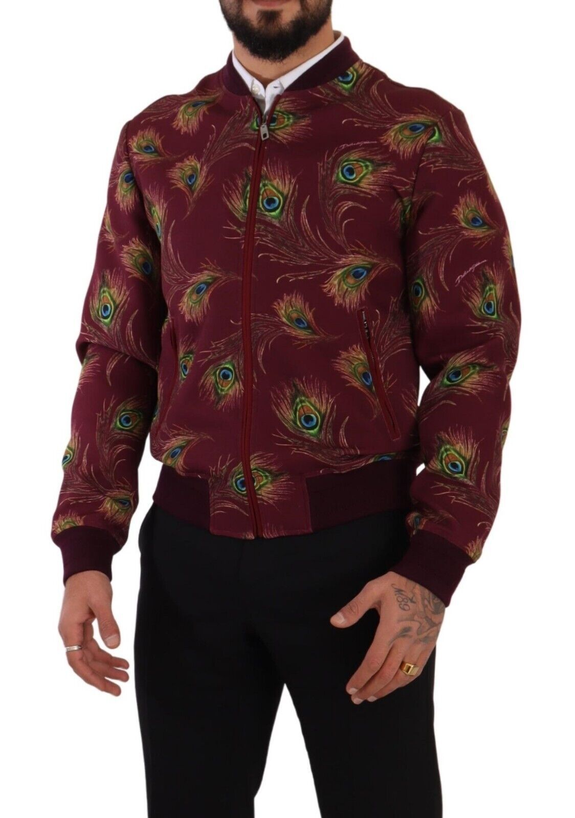 Radiant Red Peacock Print Bomber Jacket