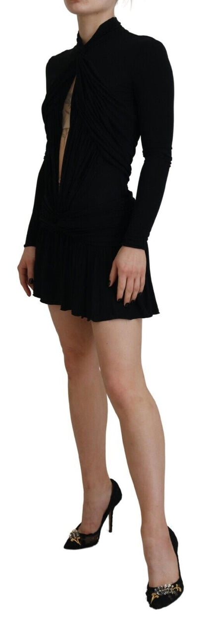 Black Viscose Long Sleeves Cut Out Mini Dress