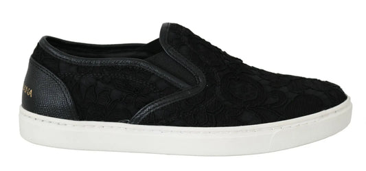 Black Lace Leather Logo Flat Slip-On Sneakers