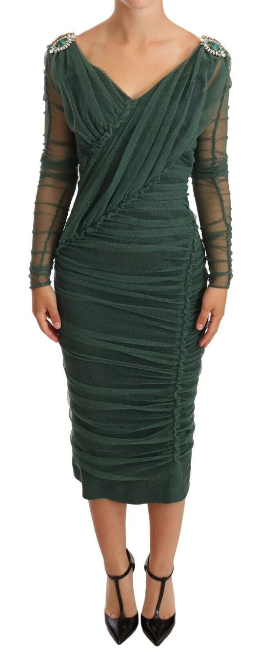 Green Mesh Crystal Ruched Tulle Midi Dress