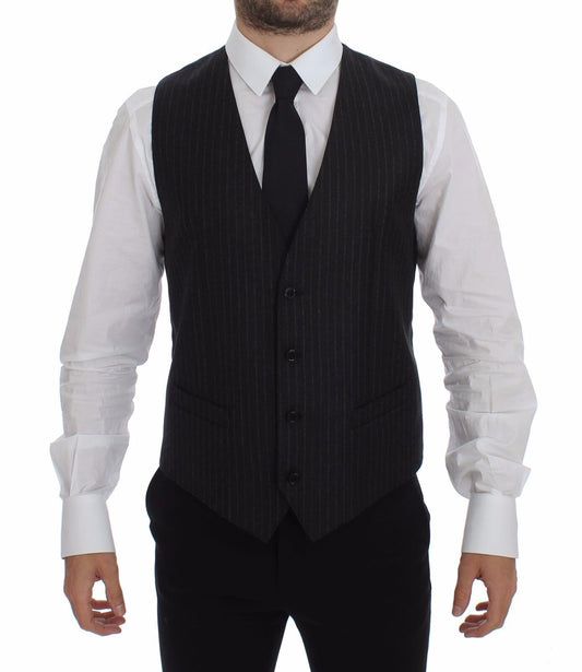 Elegant Gray Striped Wool Dress Vest