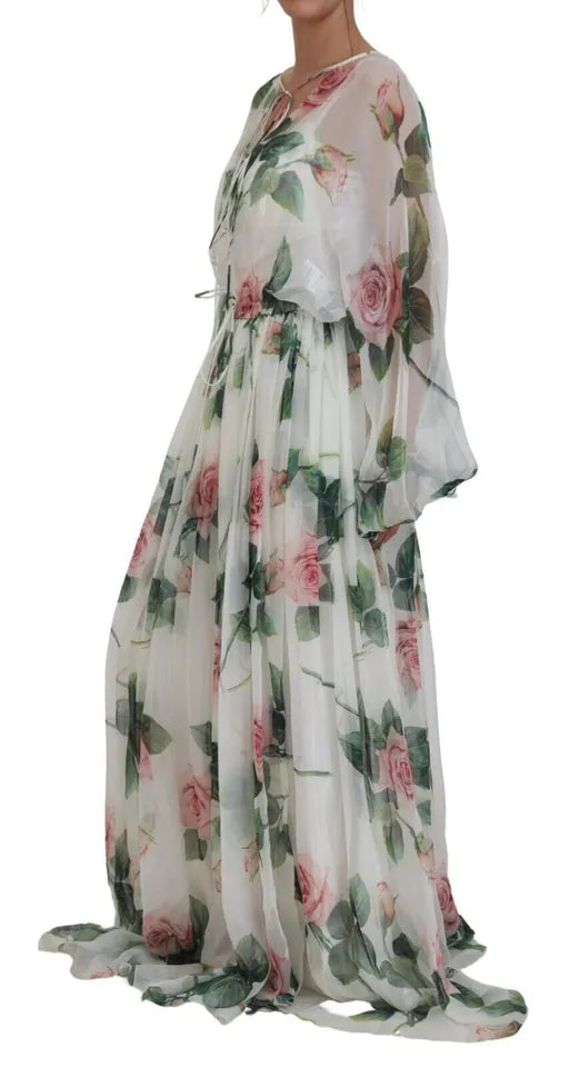 Elegant White Silk Maxi Dress with Pink Roses