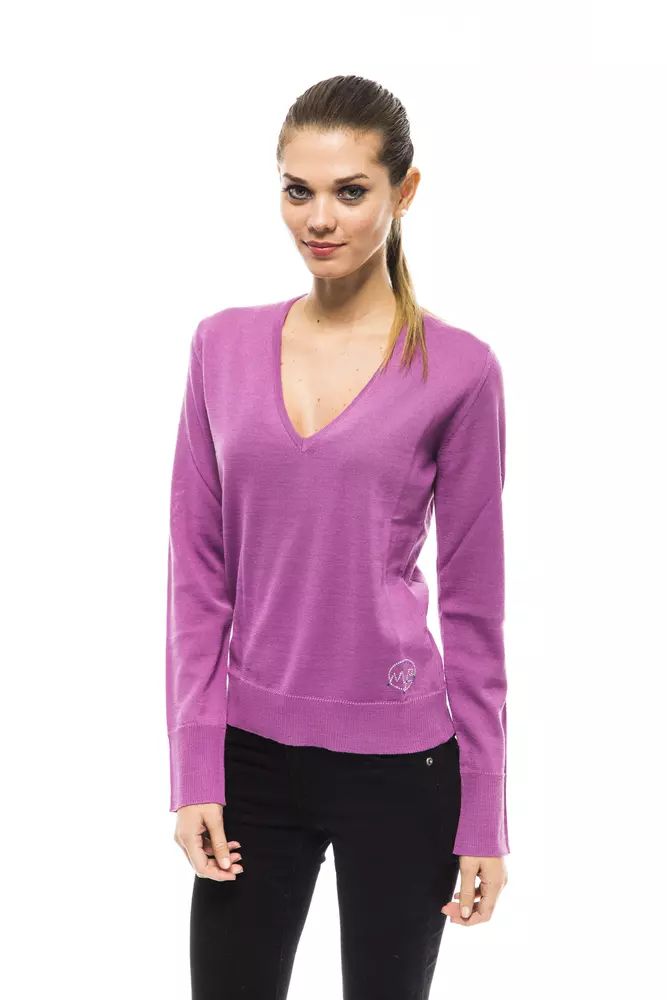 Chic Pink V-Neck Embellished Logo Sweater