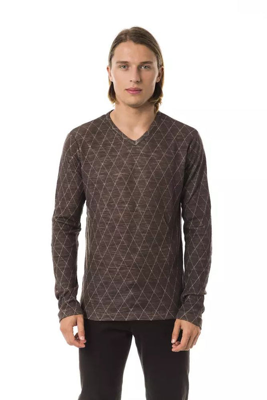 Classic V-Neck Patterned Sweater in Earthy Brown