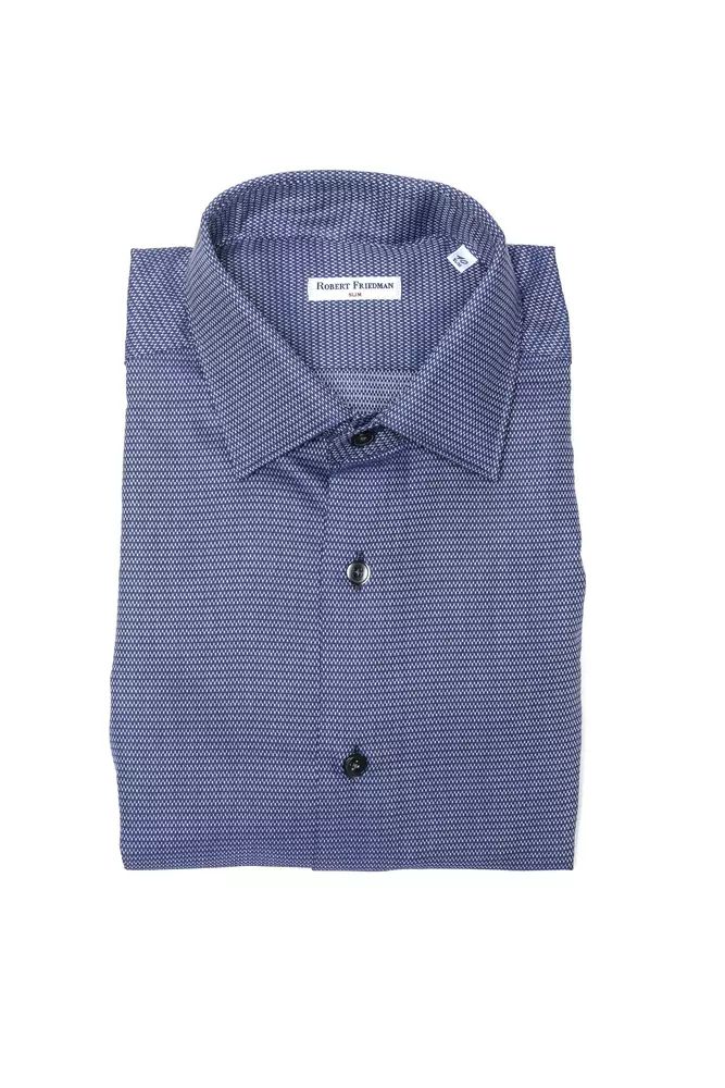 Elegant Blue Cotton Slim Collar Shirt