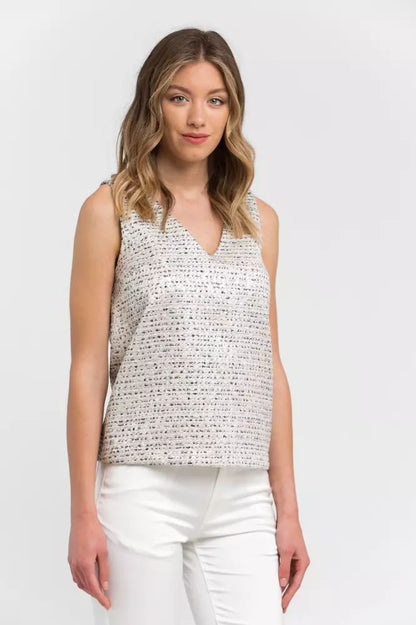 Elegant V-Neck Jacquard Top in Beige