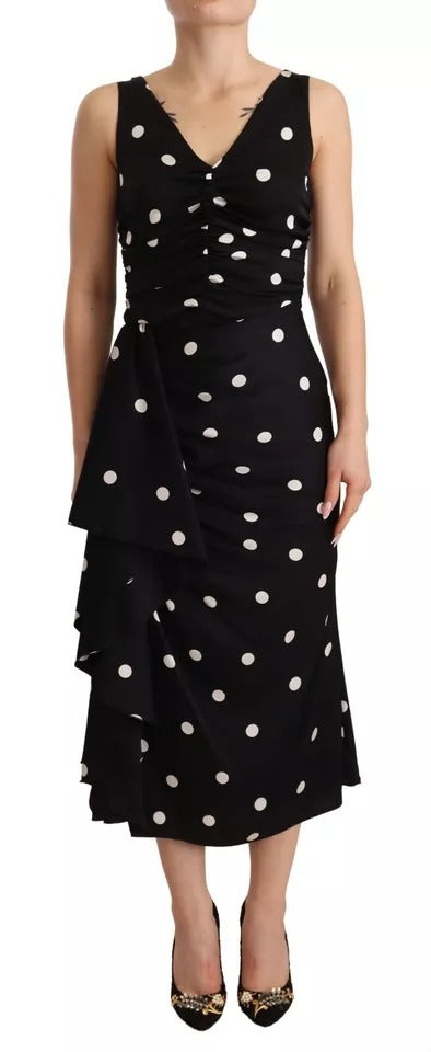 Black Silk Polka Dots V-neck Sheath Midi Dress