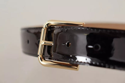 Black Leather Gold Metal Logo Engraved Buckle Belt