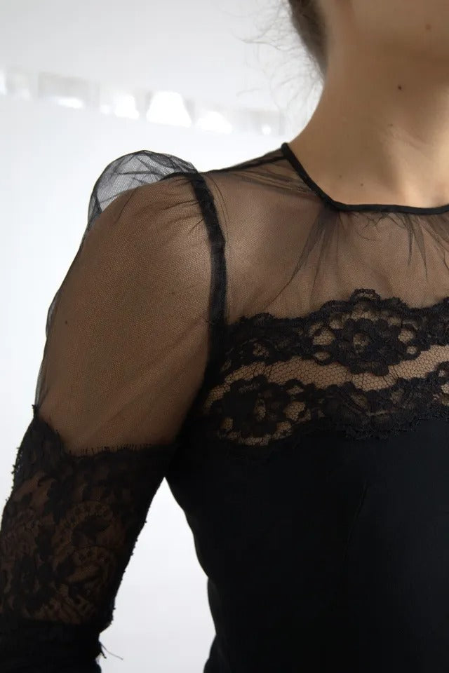 Black Sheer Floral Lace Sheath Midi Dress